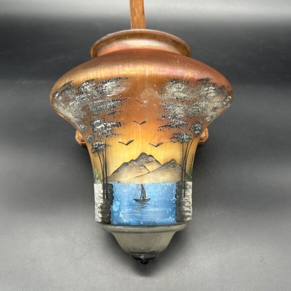 Vintage Glass Lamp Shade Light Fixture Stretch Hand Painted Art Hanging Landscap - Picture 4 of 15